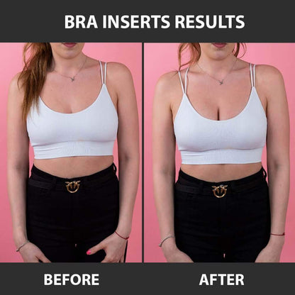 The push-up difference is shown with before and after picture. The left image is without the inserts, and the right photo shows the model in white top wearing the inserts.