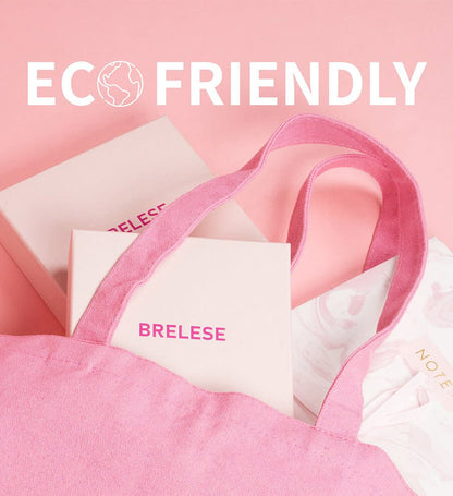 Pink Brelese cotton bag featuring light pink boxes to show our eco-friendly commitment