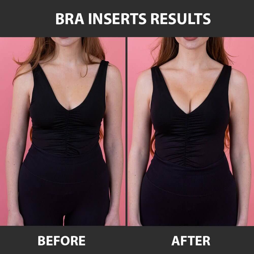 The push-up difference is shown with before and after picture. The left image is without the inserts, and the right photo shows the model in black dress wearing the inserts.