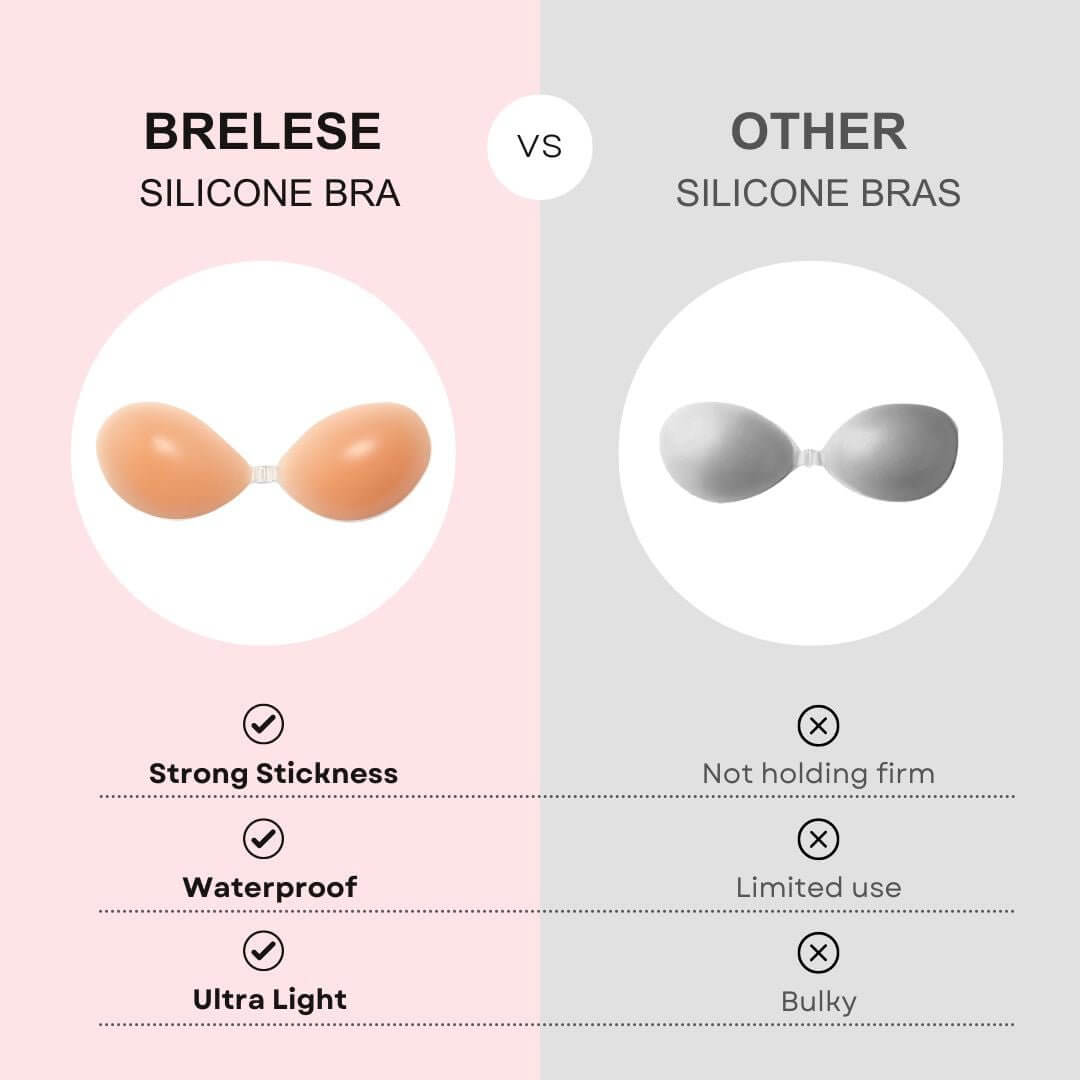 A side-by-side comparison of the Brelese silicone bra on the left and other bras on the right.