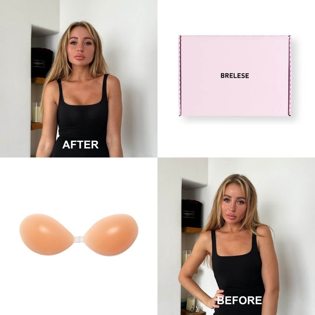 A model wearing a silicone bra is shown on the left, while a model without the silicone bra is displayed on the right.