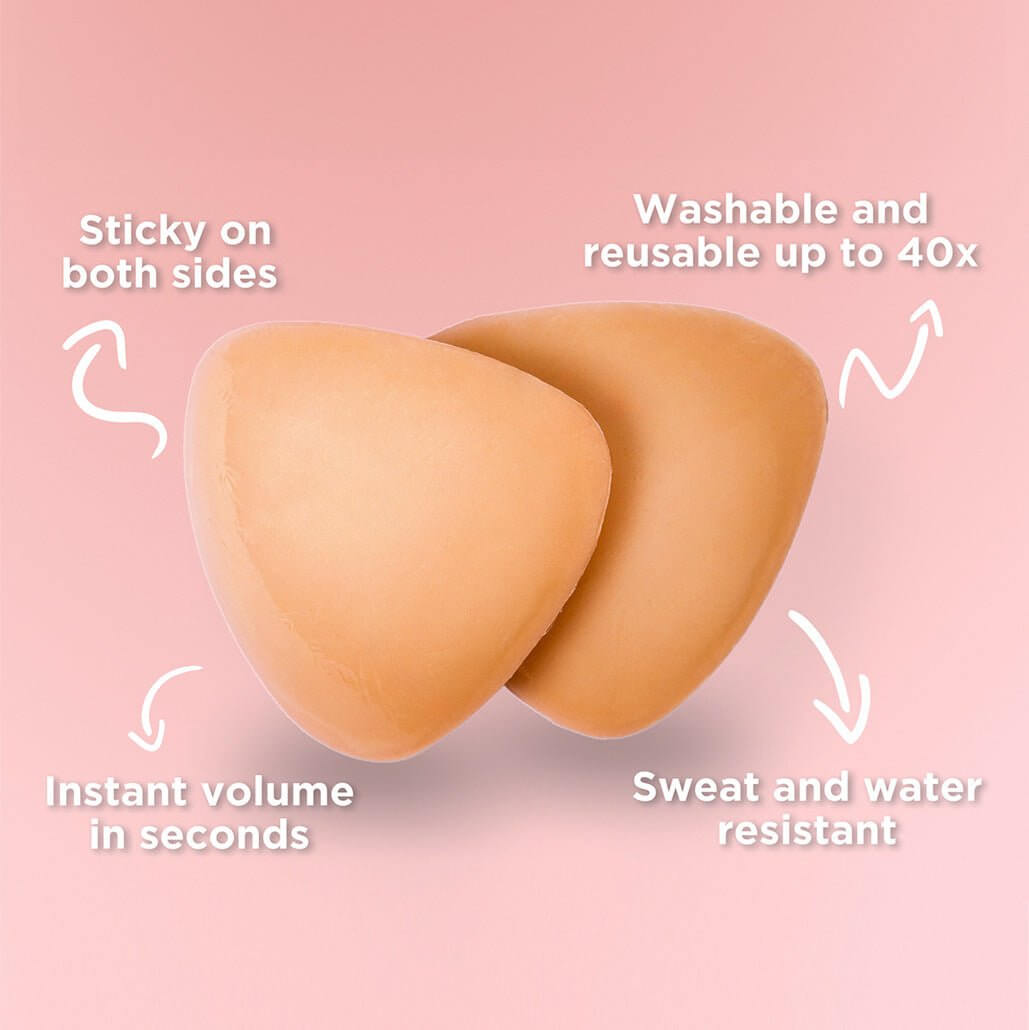 The picture shows the sticky bra pads top features: adhesive on both sides, usable up to 40 times, provides instant volume in seconds, and is sweat and water resistant.