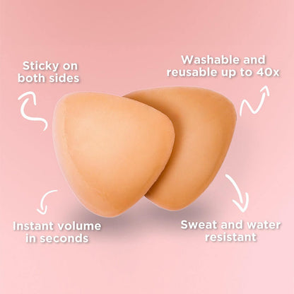 The picture shows the sticky bra pads top features: adhesive on both sides, usable up to 40 times, provides instant volume in seconds, and is sweat and water resistant.