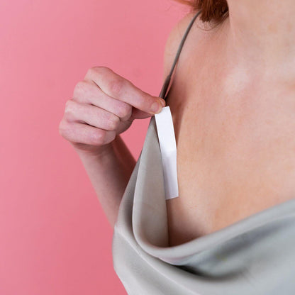 A guide demonstrating how to apply fabric tape on the body and dress