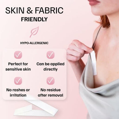 The clothing tape has several key features, including being double-sided, ideal for sensitive skin, and sweat-resistant.