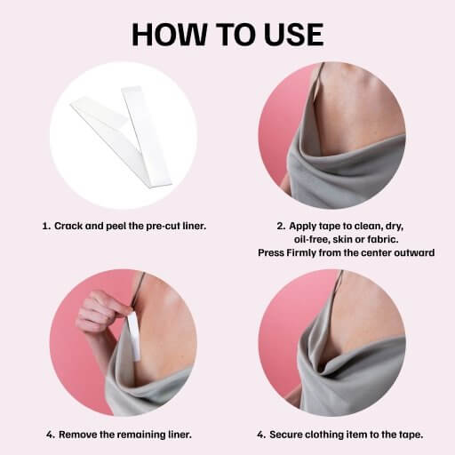 A quick step-by-step explanation of how to apply clothing tape to your skin and the dress.