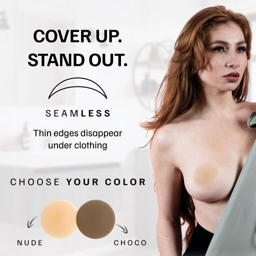 Model demonstrates how to wear the nipple covers. The two different colors of the product are shown in the left corner.