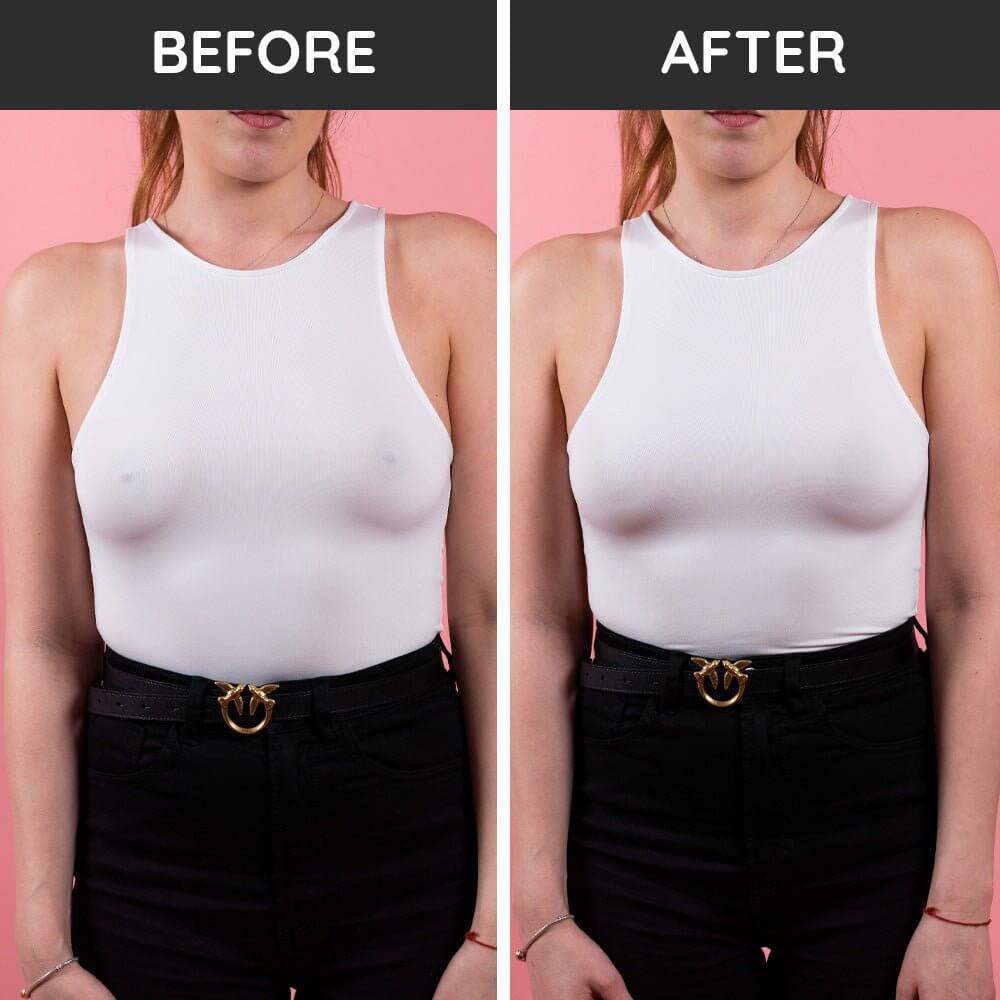 The effect of nipple covers is demonstrated in this before-and-after picture. The left image shows the effect without the nipple covers, and the right image displays the result after using them.