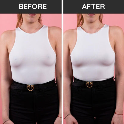 The effect of nipple covers is demonstrated in this before-and-after picture. The left image shows the effect without the nipple covers, and the right image displays the result after using them.