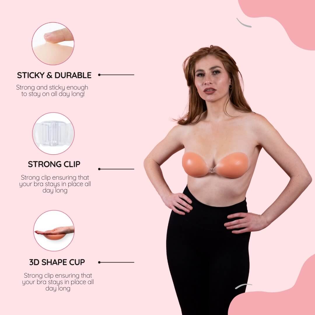 Some great features of the sticky bra include a sticky and durable design, a strong clip, and a 3D-shaped cup.