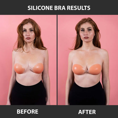 The effect of the silicone bra is illustrated in this before and after picture. The left picture shows the appearance before use, while the right picture displays the silicone bra clipped on.